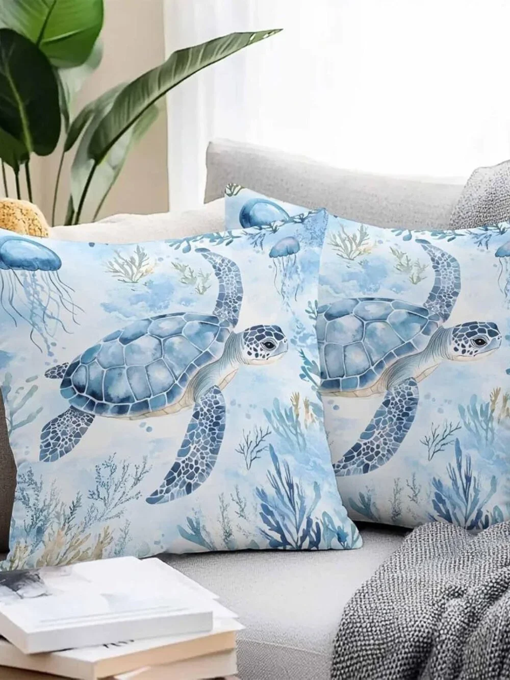 Sea Turtle Outdoor Pillow Covers 16x16 Waterproof Ocean Cushion 2 Pack